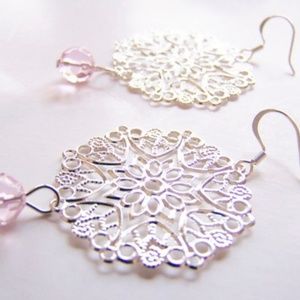 Silver Filigree Earrings with light pink crystals “Sarasota”